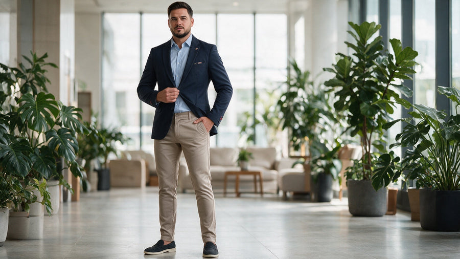 Muškarac u smart casual stilu: teget sako, bež pantalone i svetlo plava košulja bez kravate