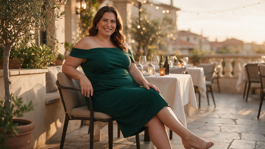 Punija žena u smaragdno zelenoj drapiranoj midi haljini na terasi restorana pri zalasku sunca