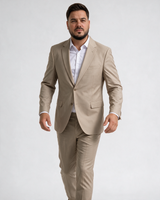Bež muško dvodelno odelo, sako sa dva dugmeta i klasičnim reverom, slim fit pantalone, veliki brojevi