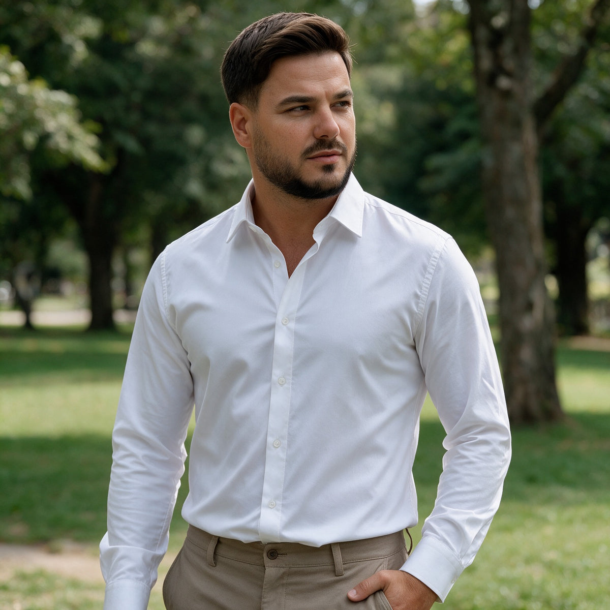 Bela slim fit muška košulja sa elastinom, snimak u parku