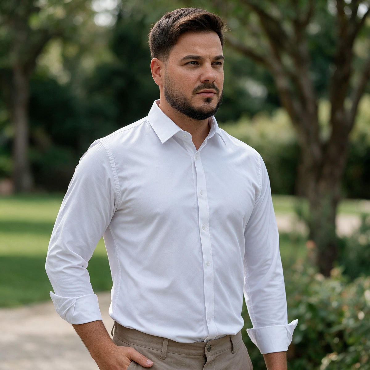 Bela slim fit muška košulja od pamuka uz bež pantalone, snimak u parku