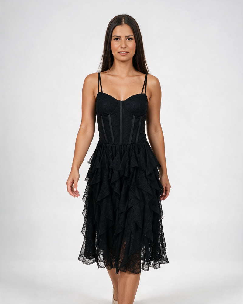 Crna čipkana midi haljina sa korsetom i volanima
