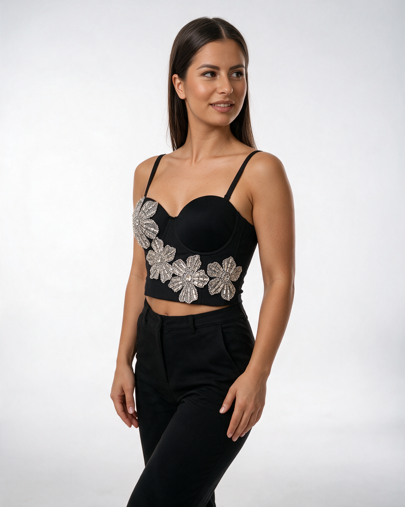 Crni bustier top sa cvetovima od kristala