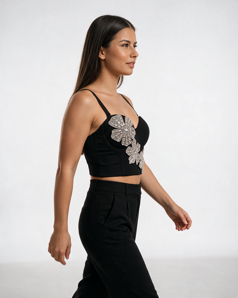 Crni bustier top sa cvetovima od kristala
