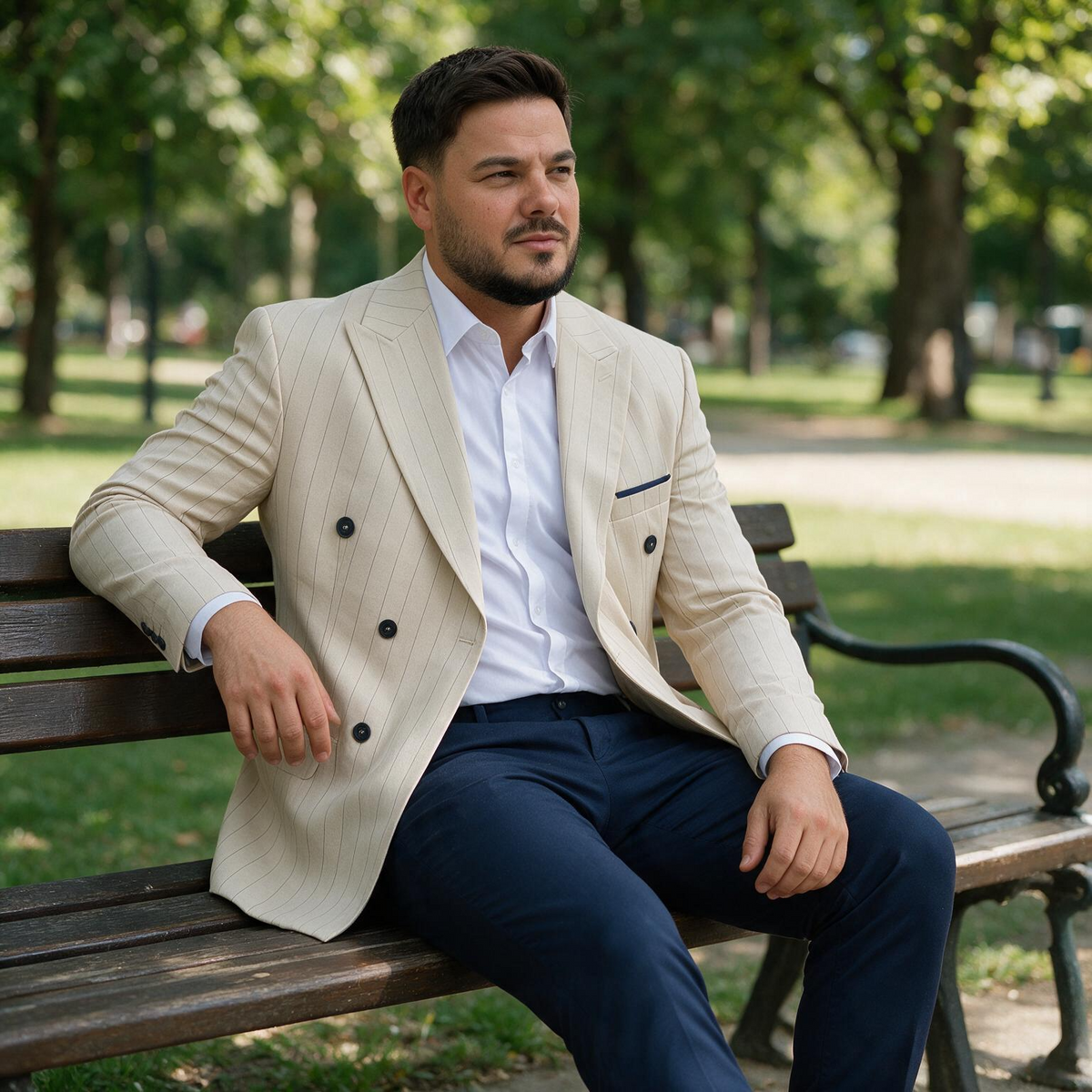 Dvodelno bež muško odelo na preklapanje - sako i pantalone — slika 3