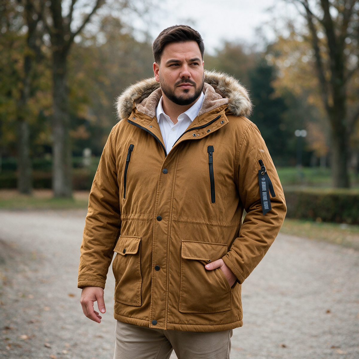 Muška oker parka sa krznom na kapuljači