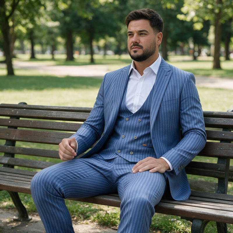 Svetlo plavo trodelno muško odelo na prugice