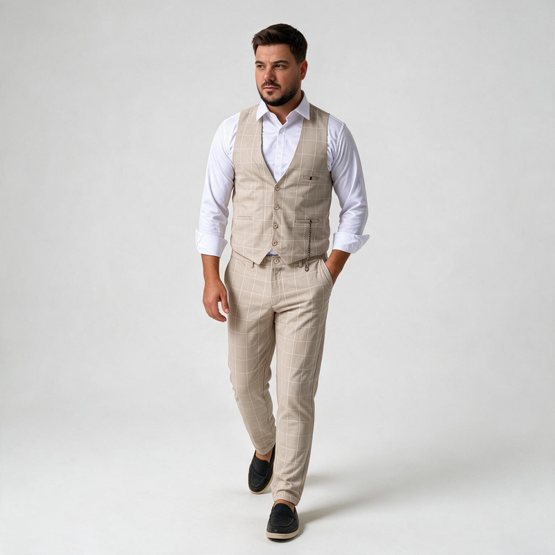 Dvodelno krem karirano muško odelo prsluk i pantalone