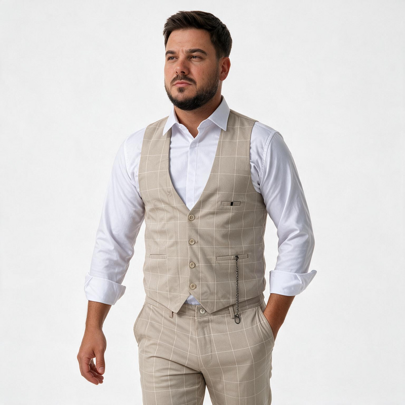 Dvodelno krem karirano muško odelo prsluk i pantalone