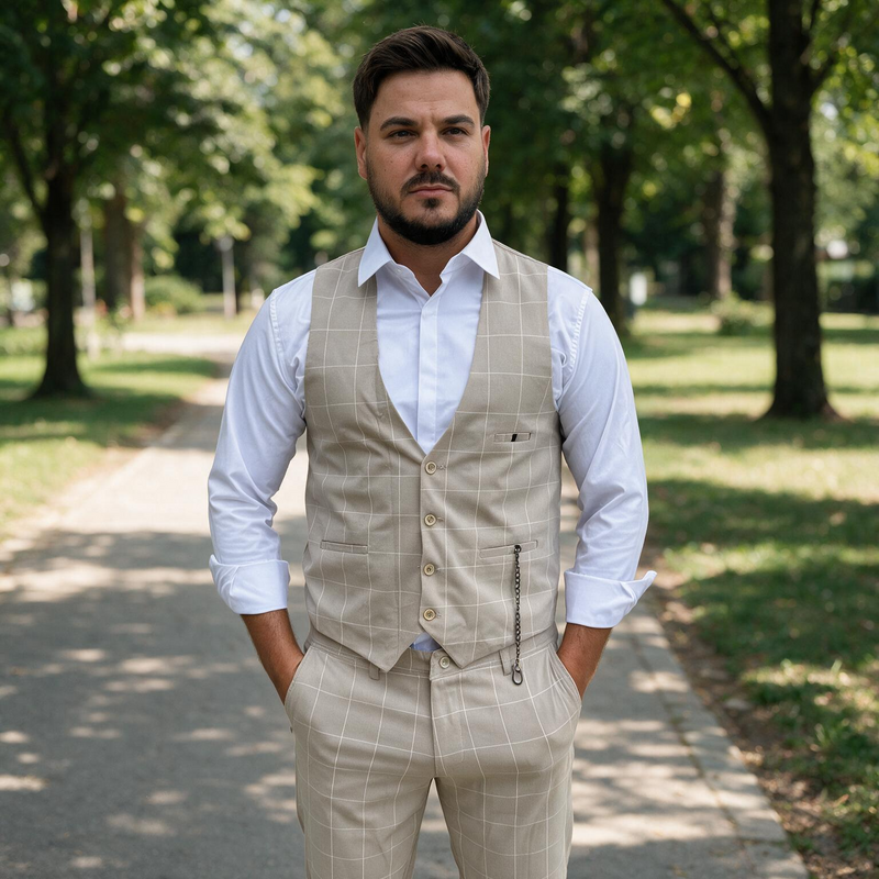 Dvodelno krem karirano muško odelo prsluk i pantalone