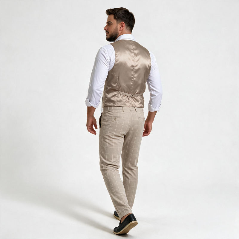 Dvodelno krem karirano muško odelo prsluk i pantalone