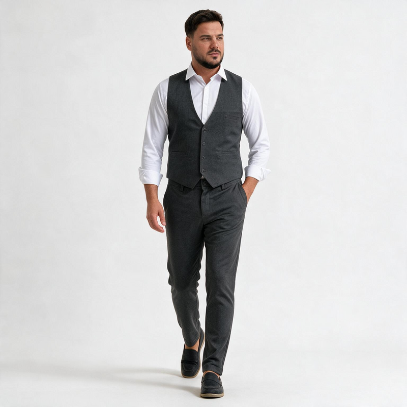 Dvodelno tamno sivo muško odelo prsluk i pantalone