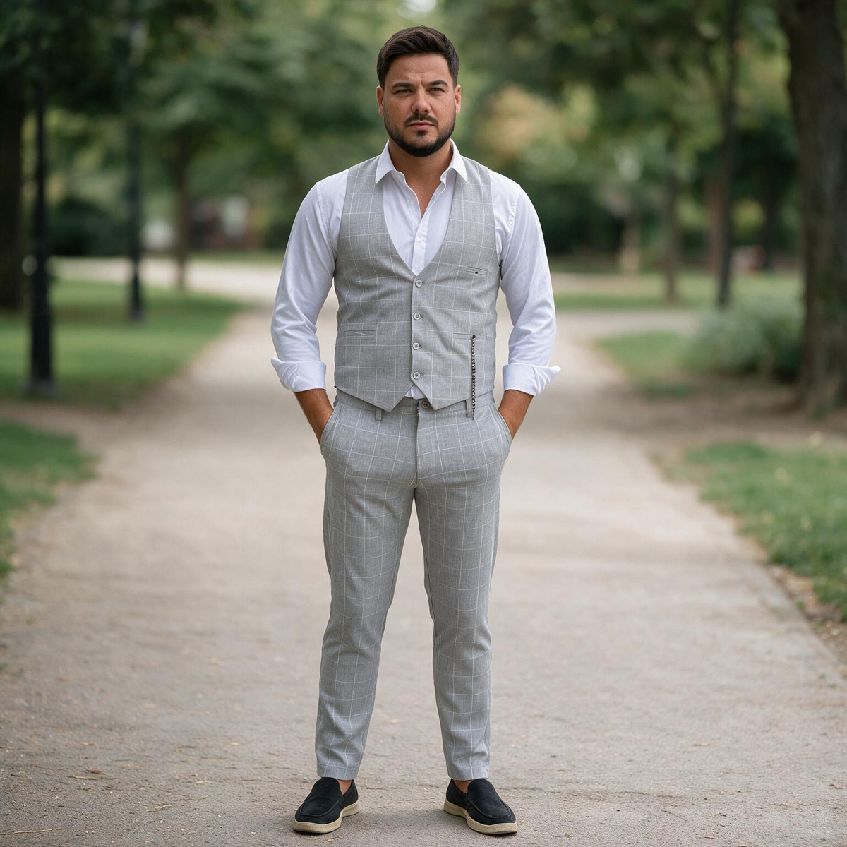 Dvodelno svetlo sivo karirano muško odelo - prsluk i pantalone — slika 4