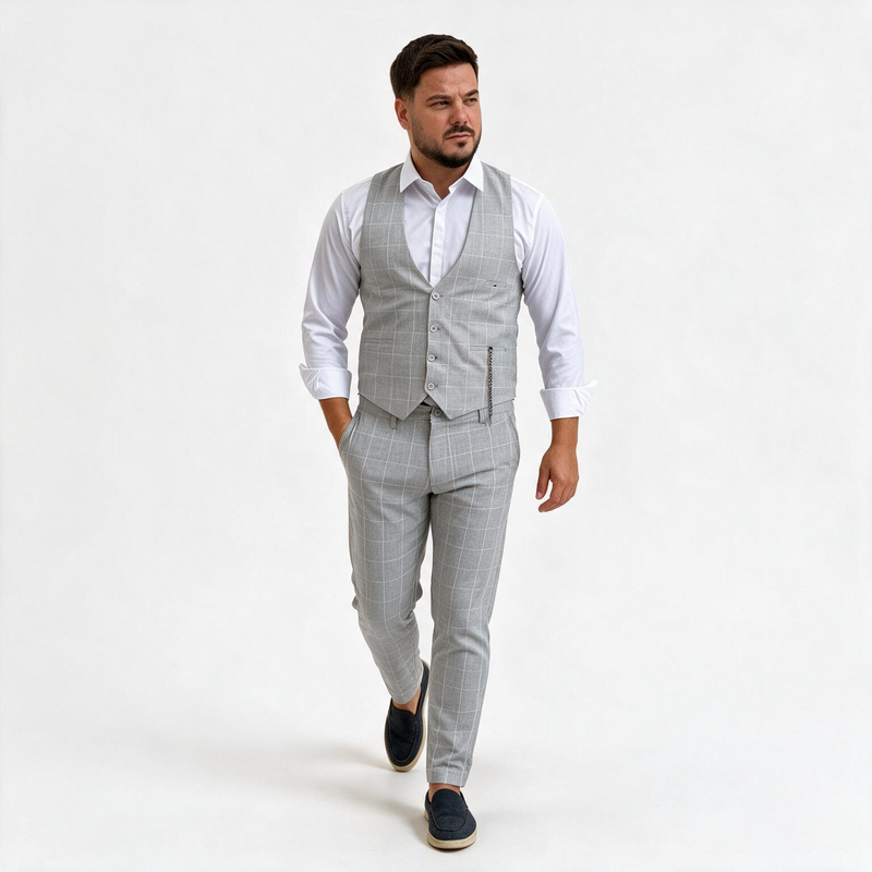 Dvodelno svetlo sivo karirano muško odelo - prsluk i pantalone