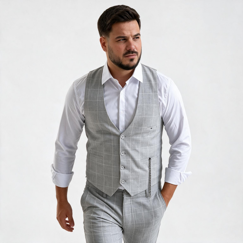 Dvodelno svetlo sivo karirano muško odelo - prsluk i pantalone