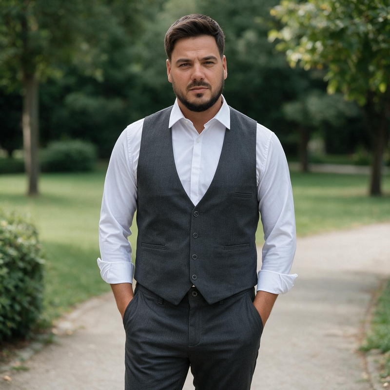 Dvodelno tamno sivo muško odelo prsluk i pantalone
