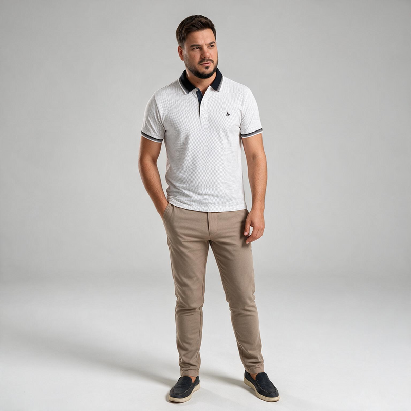 Muška bela slim fit polo majica sa teget kragnom