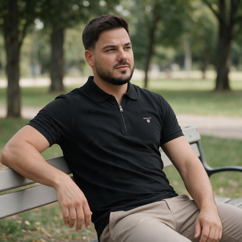 Muška crna polo majica sa rajsferšlusom – Gant