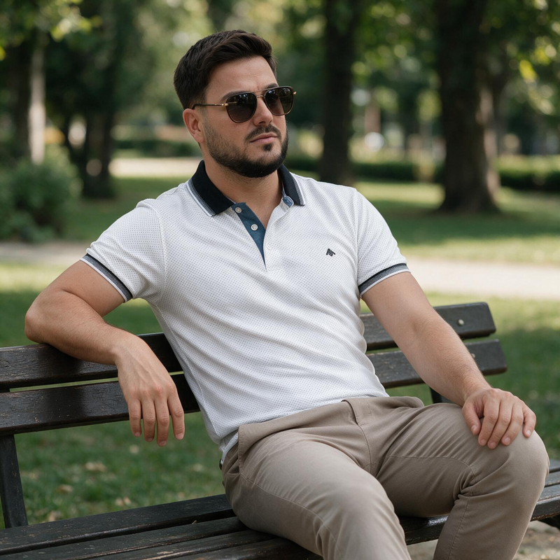 Muška bela slim fit polo majica sa teget kragnom