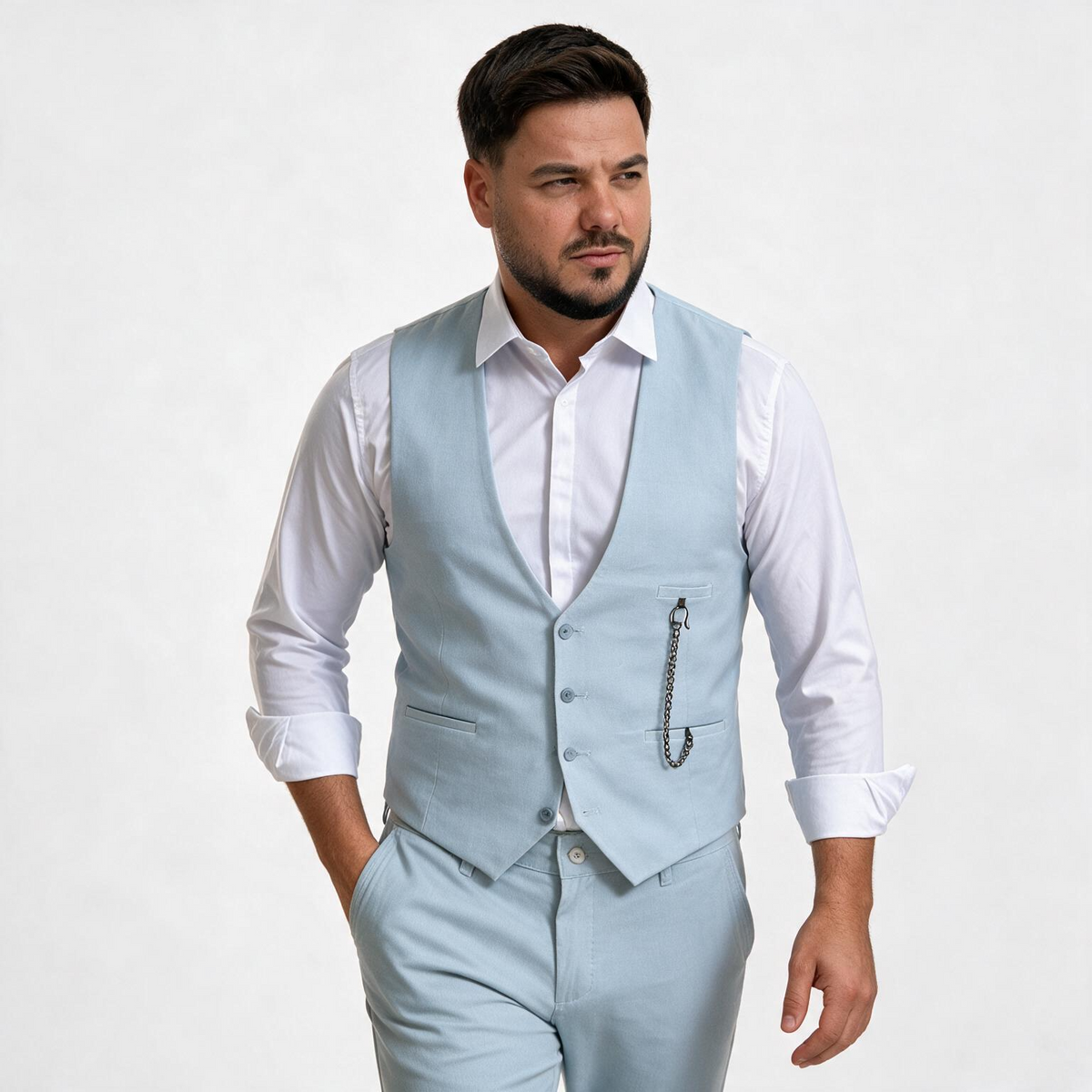 Dvodelno svetlo plavo muško odelo prsluk i pantalone — slika 2