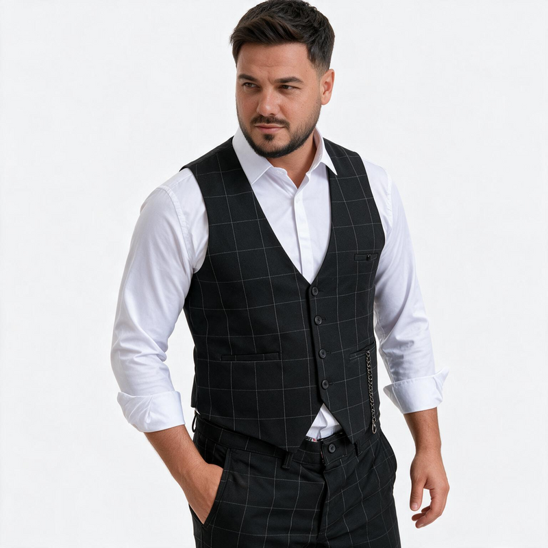 Dvodelno crno karirano muško odelo prsluk i pantalone