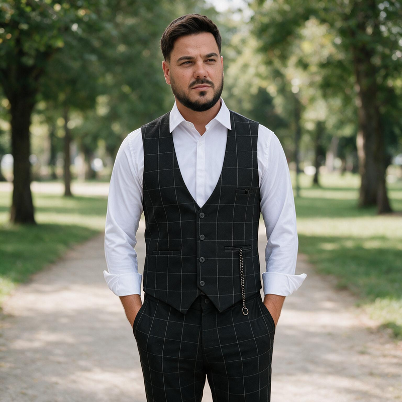 Dvodelno crno karirano muško odelo prsluk i pantalone