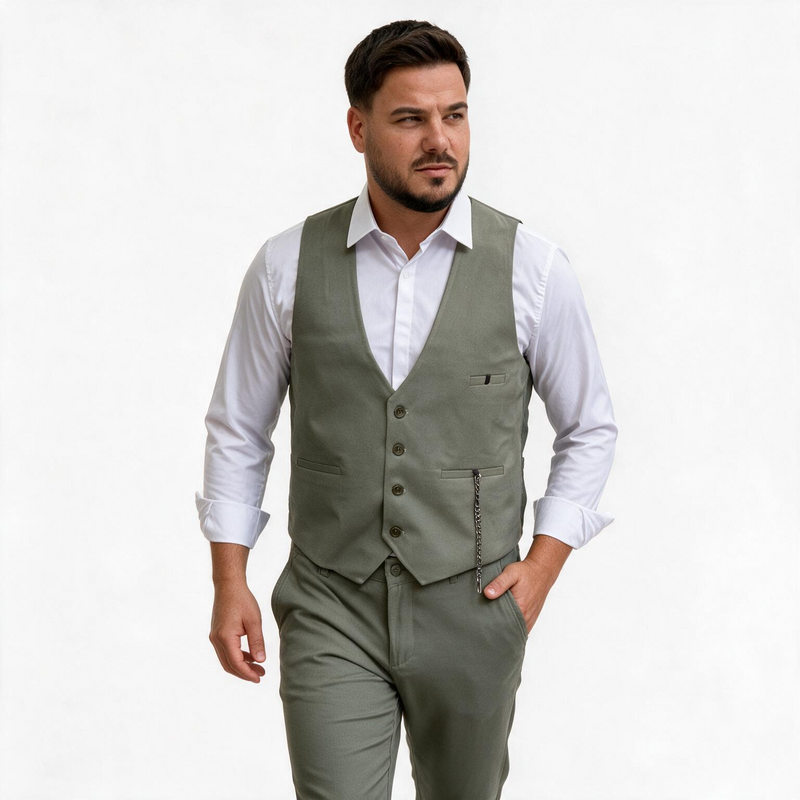 Dvodelno maslinasto zeleno muško odelo prsluk i pantalone