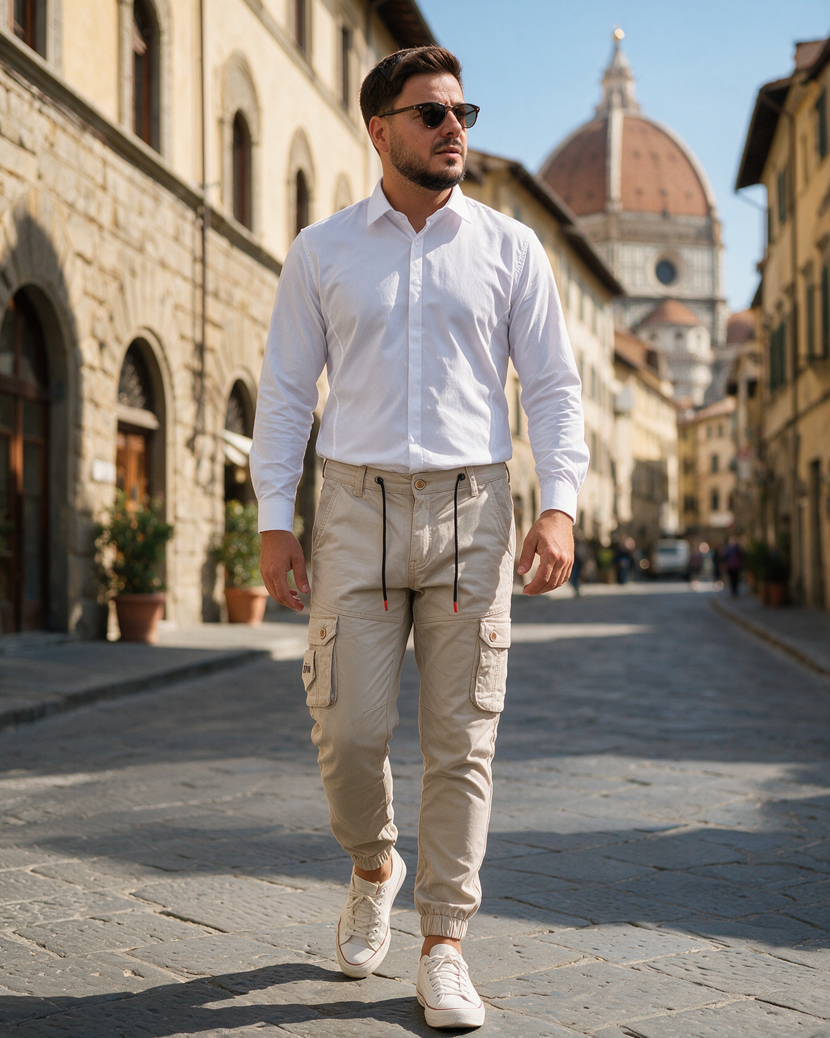 Muške krem džeparice kargo pantalone sa lastišem i pertlom u struku, sa bočnim džepovima i DENIM oznakom.