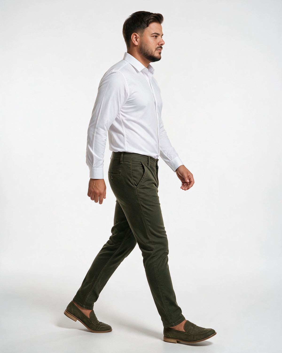 Muške maslinasto zelene pantalone sa kontrastnim šavovima, uskog kroja, od pamuka sa elastinom, bočni profil
