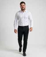 Muške slim fit pantalone od crnog pamuka sa likrom, deblje tkanine za jesen/zimu, prate liniju noge.