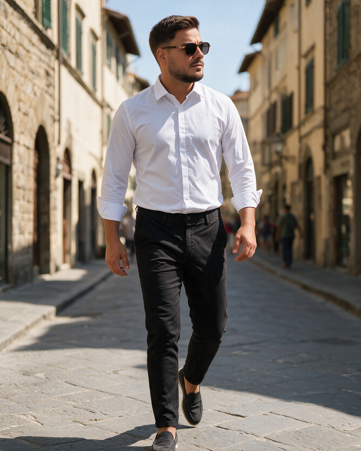 Muške slim fit crne pantalone od pamuka sa likrom, deblje za jesen/zimu, prate liniju noge, blago se sužavaju