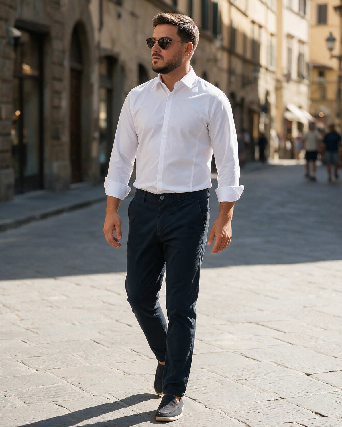 Muške teget pantalone Joymen, ravnog kroja, kosi džepovi, džep sa dugmetom, kožna etiketa, nosi muškarac na ulici