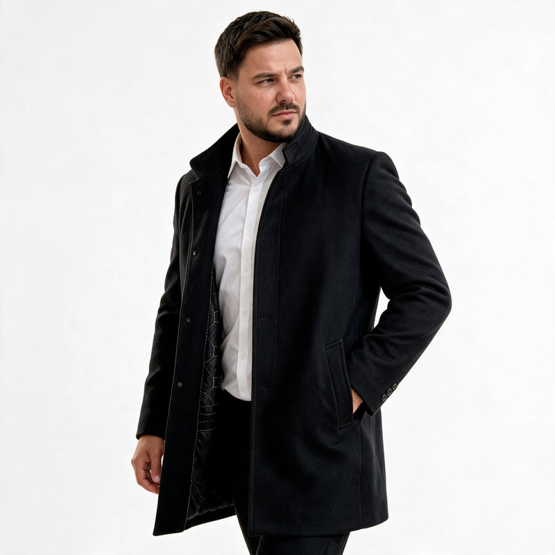 Muški elegantni crni kaput sa uspravnom kragnom