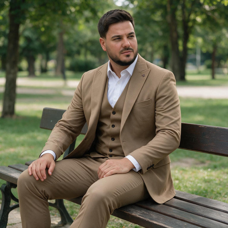 Muško trodelno tamno bež odelo