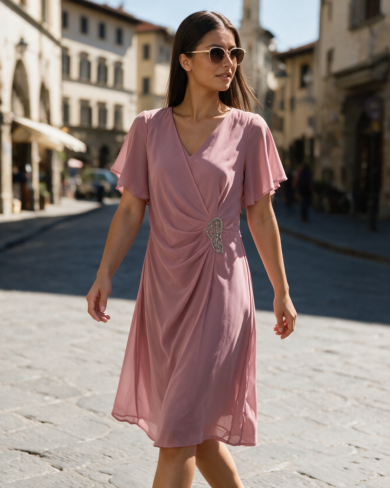 Stari roze haljina na preklop sa leptir rukavima i brošem