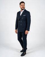 Muško teget odelo na preklapanje, dvoredni sako sa šiljatim reverom i pantalonama, slim fit, metalna dugmad, Almino značka