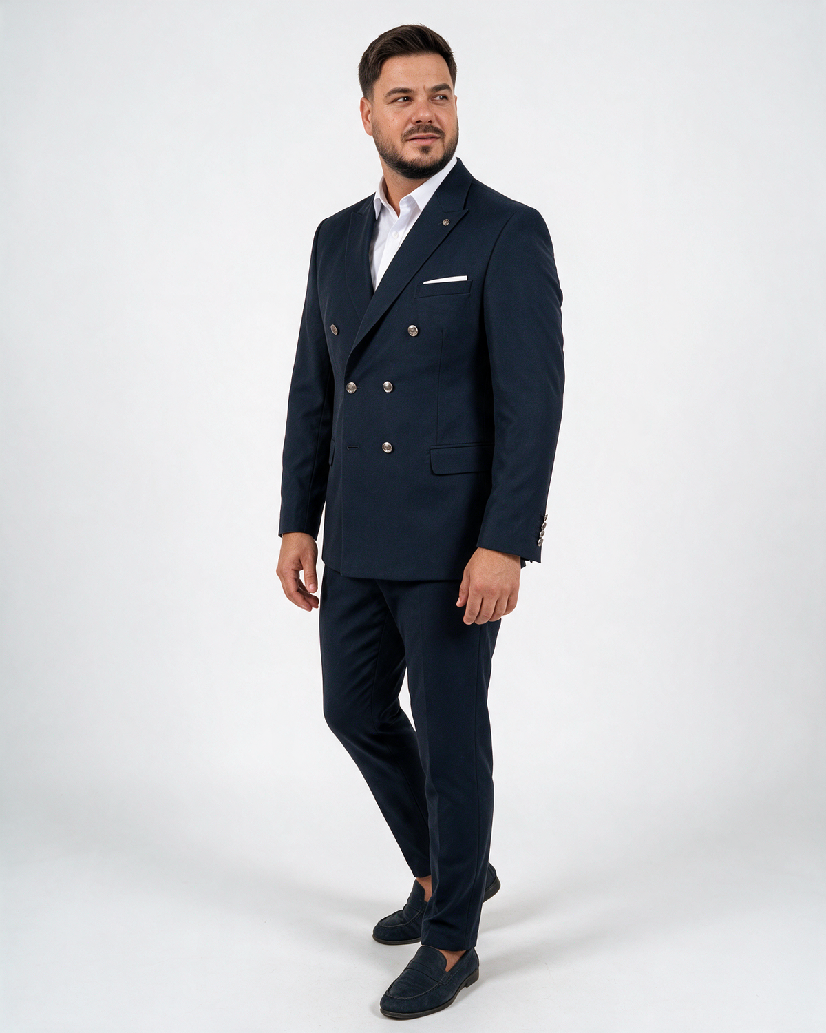 Muško teget odelo na preklapanje, dvoredni sako sa šiljatim reverom i pantalonama, slim fit, metalna dugmad, Almino značka