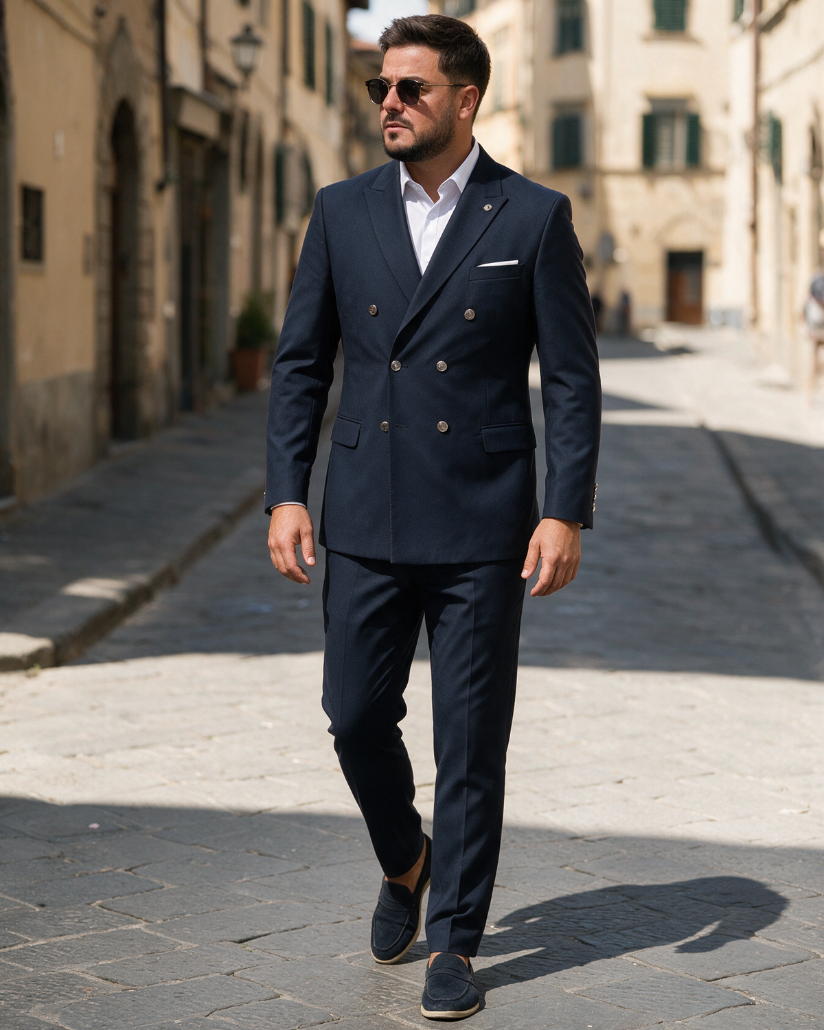 Muško teget odelo na preklapanje, dvoredni sako sa šiljatim reverom i pantalone, slim fit kroj, metalna dugmad